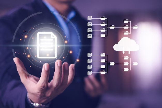 A man holding a cloud file with a cloud icon on it, representing cloud storage and file sharing.