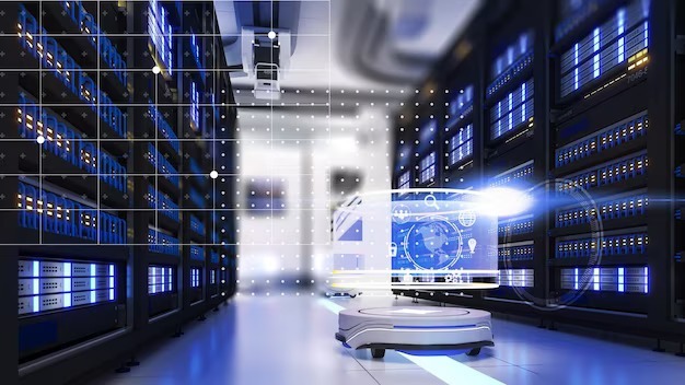 A robot navigating a data center, ensuring efficient operations and seamless data management.